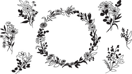 草木の線画。草木と花のベクターイラスト。草木の飾りフレーム。Line drawing of plants and trees. Vector illustration of plants, trees and flowers. Decorative frame of plants and trees.