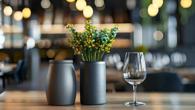This stylish dining table setup features fresh flowers in a sleek vase alongside a delicate glass, creating an inviting atmosphere for dining and gatherings.