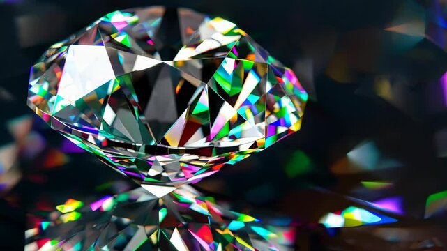 This striking close-up image features a sparkling diamond showcasing a plethora of colorful reflections, creating a vivid and luxurious visual experience.