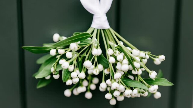 This image features a charming bundle of white mistletoe elegantly hanging on a green door, creating a festive atmosphere perfect for holiday celebrations.