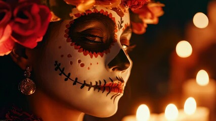 A captivating portrait of a woman adorned in vibrant sugar skull makeup, surrounded by soft candlelight and lush flowers, evoking tradition and beauty. - Powered by Adobe