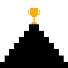 The image of a trophy placed on the top step of a staircase represents success, goal, victory. It is used for decorating graphic design, business, planning.