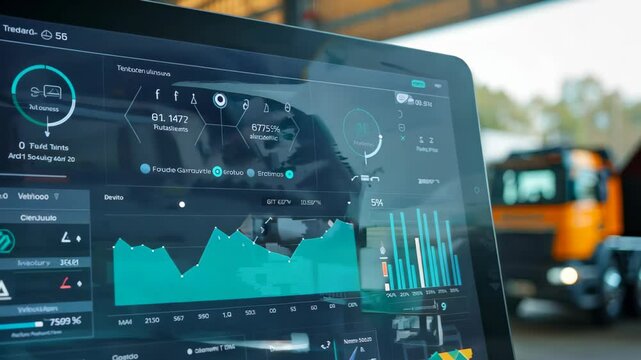 A modern vehicle dashboard display showcases advanced data analytics in a warehouse environment, highlighting performance metrics and transport operations for efficient management.