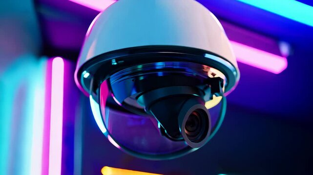 This image features a modern surveillance camera illuminated with blue lighting, showcasing detailed technology designed for urban security and monitoring.