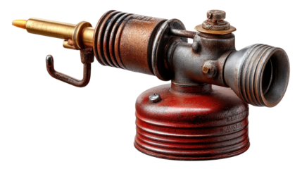 Antique Blowtorch Close-Up: A vintage blowtorch, meticulously detailed against a clean background, with its brass nozzle and aged copper components on display, providing a glimpse into craftsmanship.