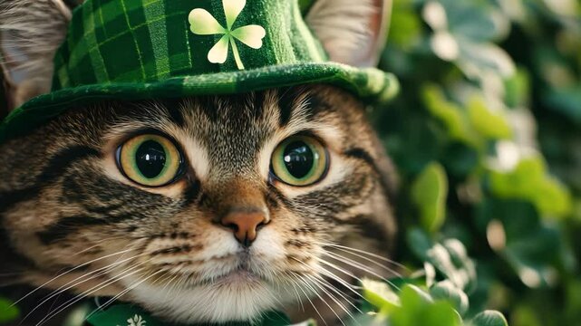 A captivating close-up of a cat wearing a green hat, nestled in vibrant foliage. This playful and charming pet exudes curiosity, perfect for festive themes.