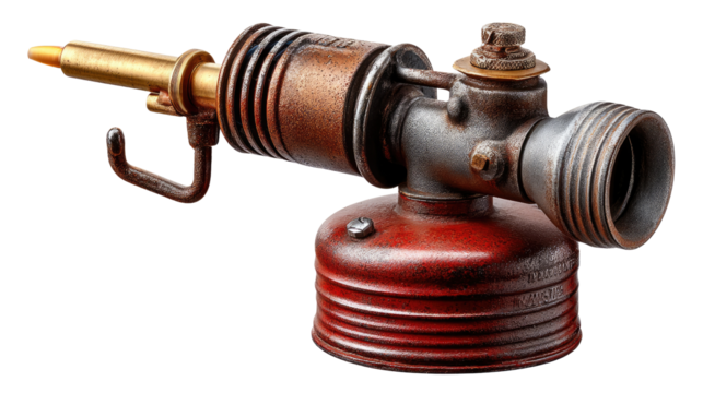 Antique Blowtorch Close-Up: A vintage blowtorch, meticulously detailed against a clean background, with its brass nozzle and aged copper components on display, providing a glimpse into craftsmanship.