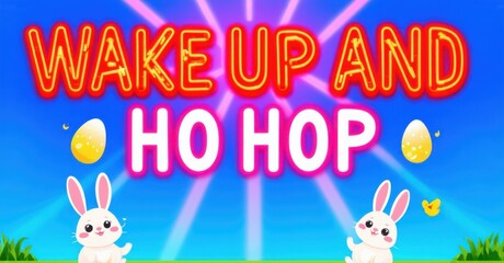 Obraz premium Bright image features text Wake Up And Ho Hop. Two cute rabbits flank golden eggs. Background displays vibrant purple, blue hues with light rays. Festive, cheerful design.