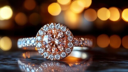 Fototapeta premium Elegant diamond halo ring, showcasing a centered, light-brown, round brilliant-cut diamond, surrounded by a halo of smaller diamonds, set on a rose gold band. Delicate, sparkling, and luxurious