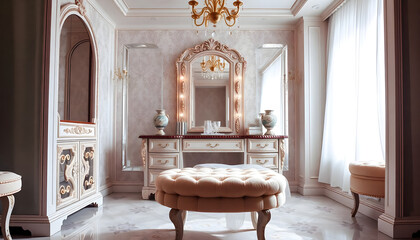 dressing room with a bench, mirror and a chandelier