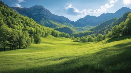 Fototapeta premium Lush green valley nestled in majestic mountains