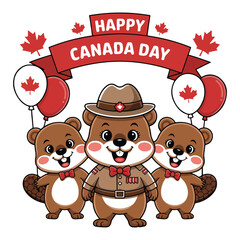 Happy Canada Day Beavers Cute Cartoon Mountie & Balloons Illustration