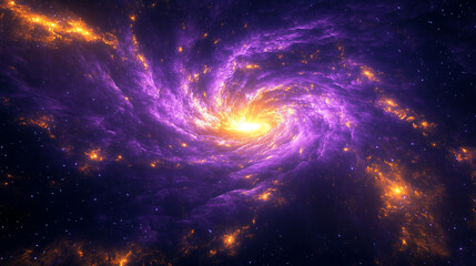 Vibrant Purple Spiral Galaxy with Glowing Center and Star Clusters in Deep Space.