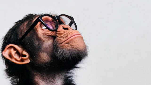 A playful monkey wearing stylish sunglasses gazes thoughtfully upwards, capturing a moment of curiosity and charm in a vibrant outdoor setting.