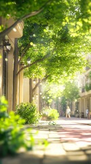 Serene Pathway Surrounded by Lush Green Trees in Morning Light