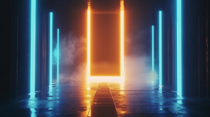 Neon Portal Background with Blue and Orange Glowing Lights and Fog.