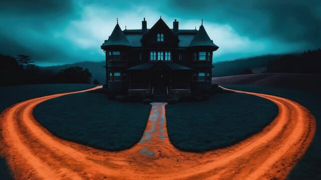 A captivating scene featuring a dark mansion at a fork in the road. The eerie atmosphere, with dramatic lighting and shadows, invites viewers into a mysterious journey.