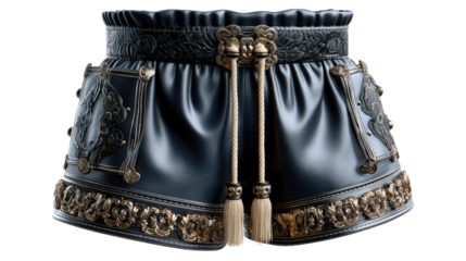 Artisanal Elegance: A close-up showcases an exquisitely crafted, dark blue leather belt adorned with intricate gold detailing and an elegant tassel, embodying opulence and sophistication.