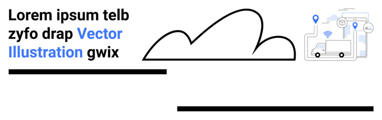 Cloud shape with digital map, delivery truck, and location pins representing logistics, innovation, cloud computing. Ideal for technology, delivery, logistics, business efficiency transport simple