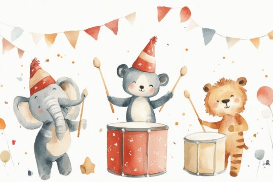 Soft watercolor animal parade featuring playful elephants, bears, and lions with drums and festive hats during a childrens celebration