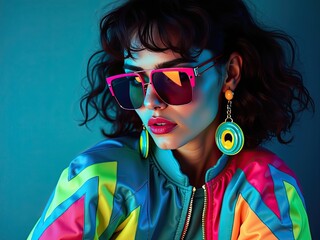 Stylish woman in vibrant sunglasses and colorful jacket poses against a blue backdrop, showcasing modern fashion trends