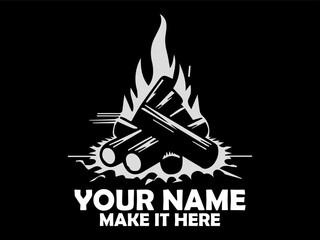 Stylized white silhouette of a crackling campfire with burning logs against a stark black backdrop. Nature concept, illustration crackling campfire vector art and crackling campfire logo