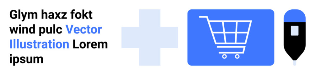 Shopping cart, medical equipment, and healthcare cross representing e-commerce, pharmacy, telemedicine, logistics, online healthcare, digital health systems, and a simple landing page