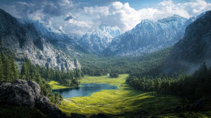 Fototapeta premium Majestic Alpine Scenery: Serene Lake and Verdant Valley Nestled Among Snow-Capped Peaks