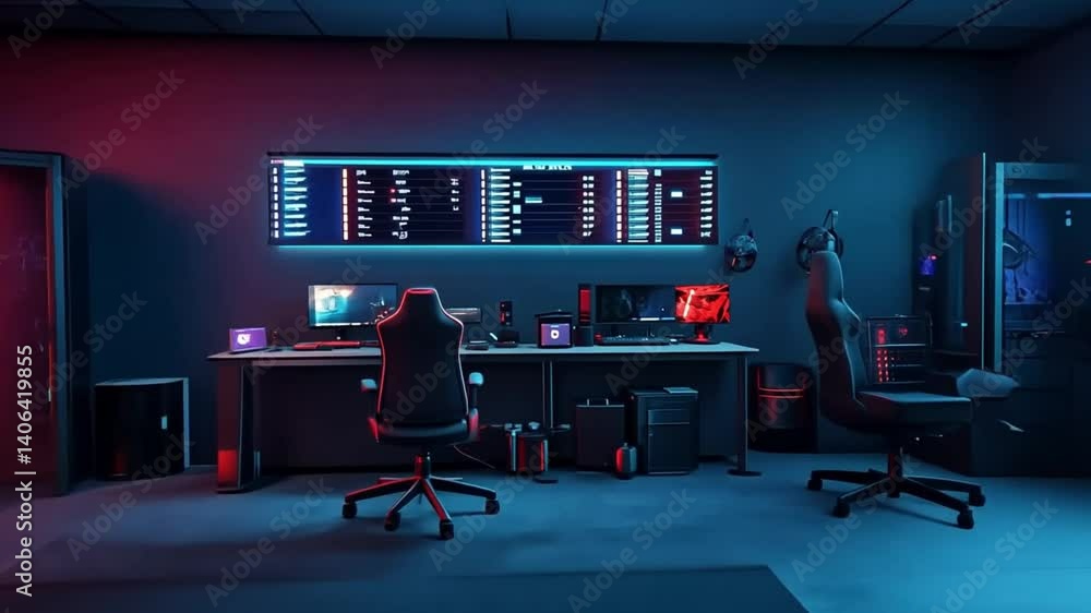 Poster modern gaming setup with neon lights and multiple screens