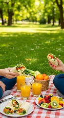 A picnic in the park with healthy food options such as wraps, fruit salad and orange juice