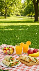 A picnic in the park with healthy food options such as wraps, fruit salad and orange juice