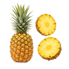 A whole pineapple and two cross-section slices displayed on a transparent background.