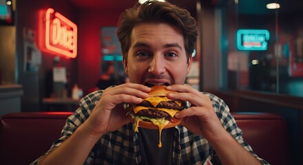 A man taking a bite of a big double-patty burger in a neon-lit diner