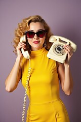 Stylish woman in yellow dress and sunglasses holding a vintage phone against a purple background