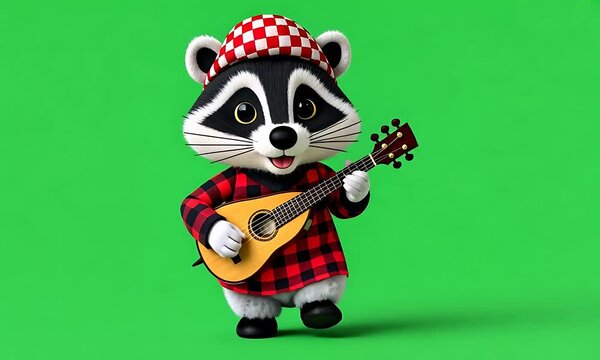 Cute cartoon raccoon playing a small guitar.  A cheerful, furry raccoon character, wearing a red and white checkered cap and shirt, is depicted playing a small guitar