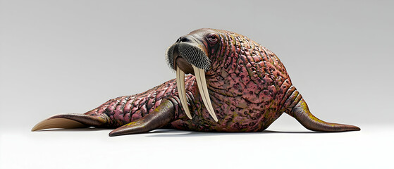 Obraz premium Pink And Red Mottled Walrus With Tusks On A White Studio Background In A Full Length Side View With Realistic Detail