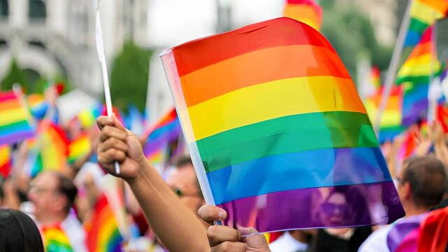 A lively pride parade filled with colorful rainbow flags symbolizes unity and diversity. People celebrate love and acceptance in a vibrant city atmosphere.