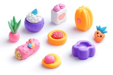 Generation Alpha food menu: a charming isometric of colorful Superfood Ice Cream food icons on a white background.