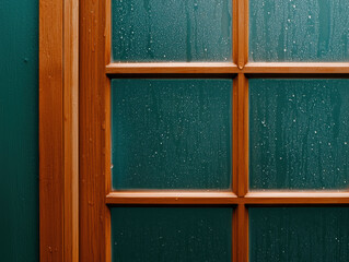 Fototapeta premium A close-up of a wooden window frame with droplets of water on a green backdrop, creating a cozy, inviting atmosphere.