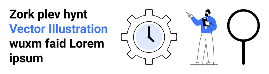 Businessman presenting ideas next to a clock gear icon and magnifying glass. Ideal for time management, business strategy, productivity, analytics, research, teamwork, simple landing page