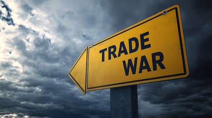 Yellow road sign with the words "Trade War" stands stark against a dramatic dark cloudy sky, symbolizing looming global economic conflict and uncertainty in international trade