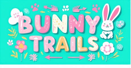 Colorful illustration features Bunny Trails text. Pink bunny, paw prints, arrows, flowers decorate turquoise background. Playful design evokes springtime, outdoor adventure.