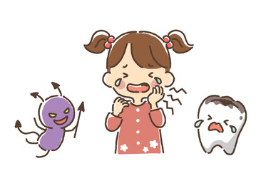 虫歯で泣いている女の子と虫歯になっている歯と虫歯菌