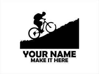 Obraz premium Silhouette of mountain biker riding uphill on a grassy terrain under a clear sky. mountain biker with white background and mountain biker logo vector design