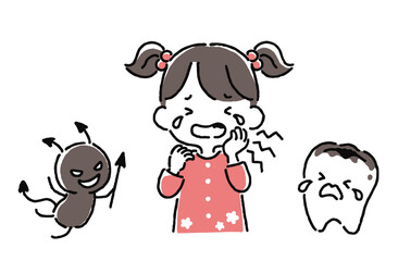 虫歯で泣いている女の子と虫歯になっている歯と虫歯菌