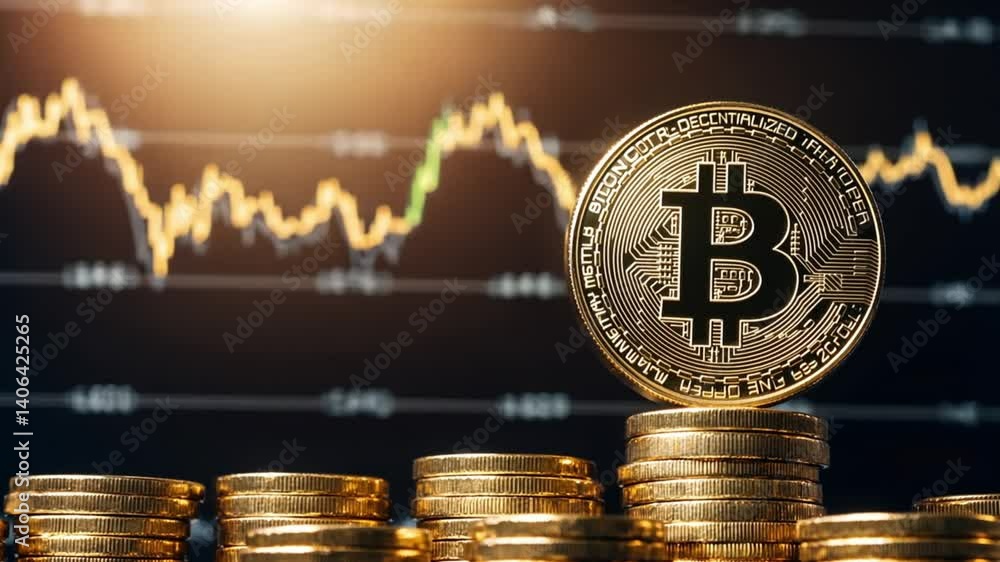 Poster bitcoin cryptocurrency coin stacked with price chart background