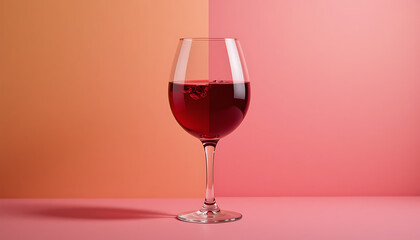 A Clear Wine Glass Filled With Red Wine Is Positioned Against A Split Orange And Pink Background, Elegant Still Life, Wine Tasting, Sophistication
