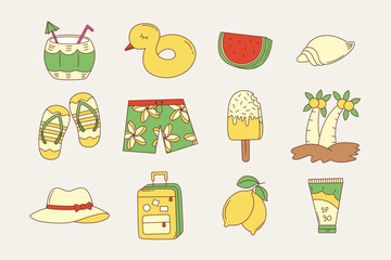 Summer vacation icons in a whimsical style.
