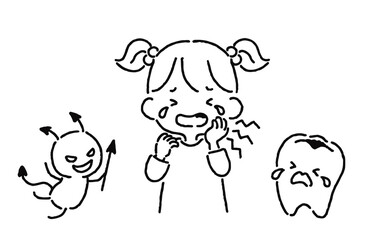 虫歯で泣いている女の子と虫歯になっている歯と虫歯菌（線画）