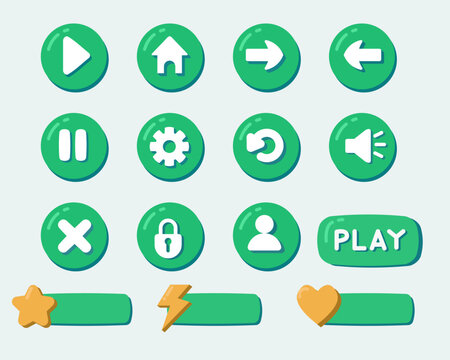 Cartoonish, rounded, green game interface buttons and controls.